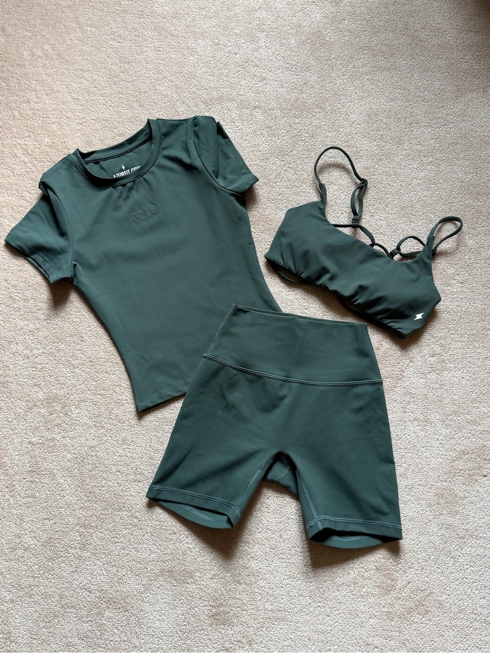 Azur Fit Forest Green Top, Bike Shorts and Sports Bra